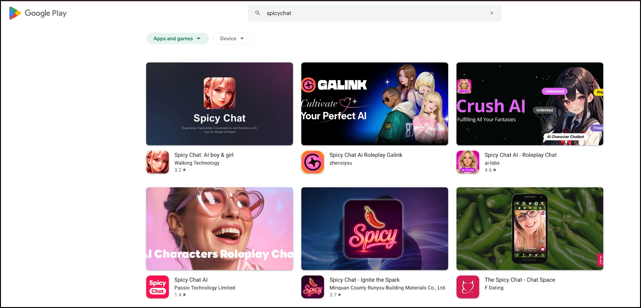 App store search results showing several unrelated apps using the SpicyChat name