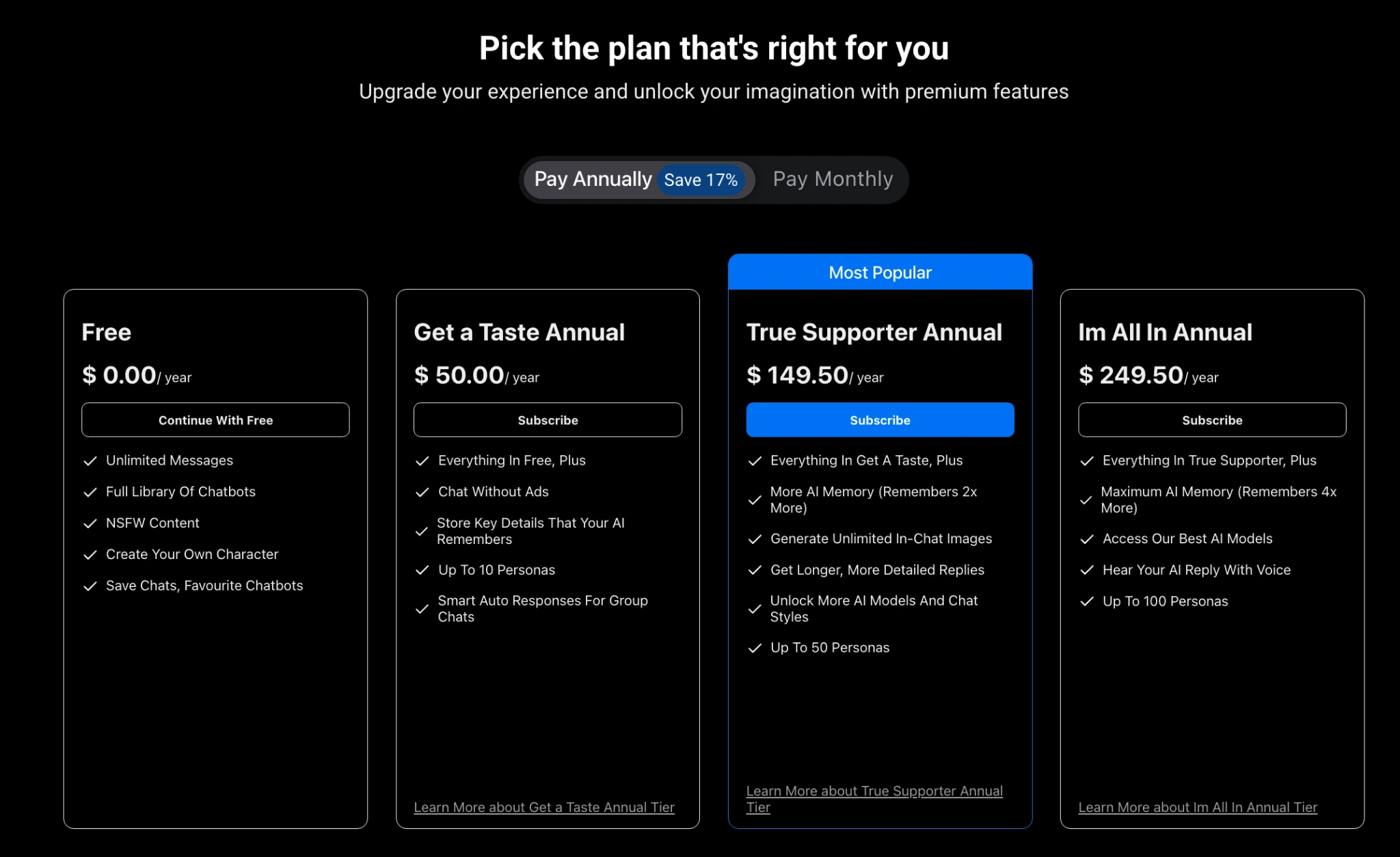 SpicyChat AI annual pricing showing Get a Taste at $50.00, True Supporter at $149.50, and I'm All In at $249.50 per year, with a Save 17% toggle, captured July 2026