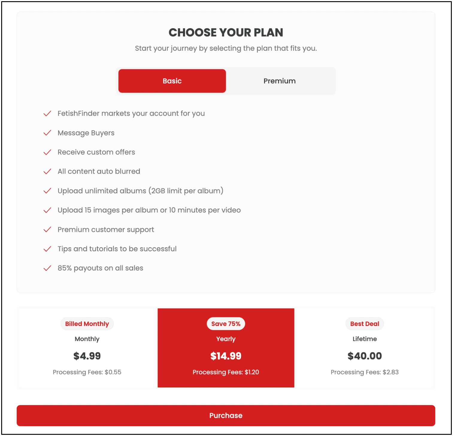 FetishFinder's seller payout terms: up to 90 percent, weekly payouts, no minimum threshold, no withdrawal fee.