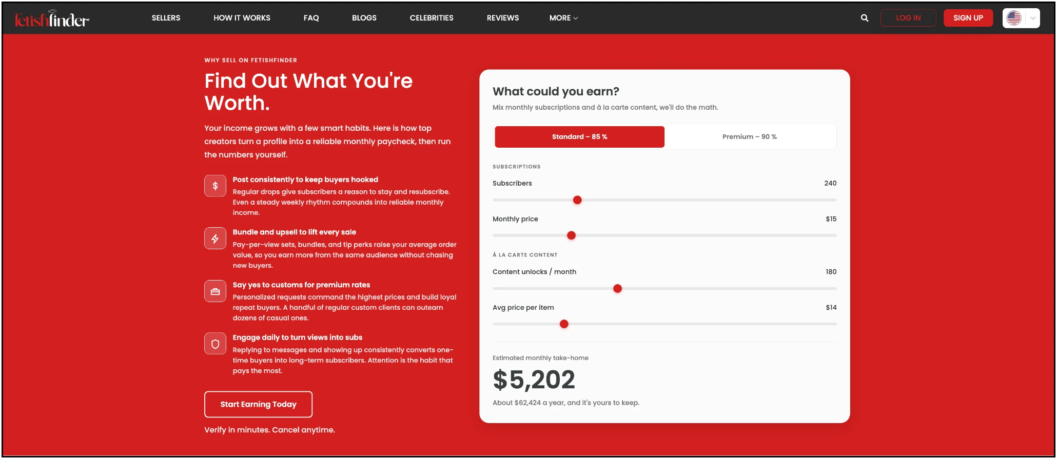 FetishFinder's on-site earnings calculator