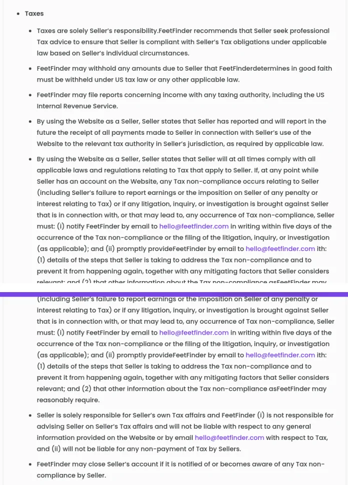 FeetFinder Seller Agreement Taxes section saying sellers are solely responsible for paying their own taxes