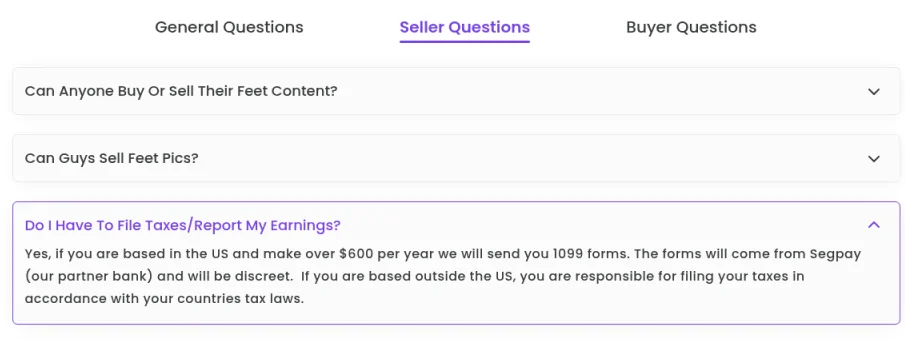 FeetFinder FAQ answer saying US sellers who make over $600 per year receive 1099 forms from Segpay