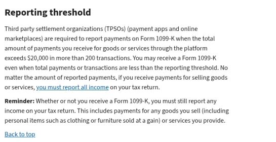 IRS Understanding your Form 1099-K page showing the over $20,000 and more than 200 transactions reporting threshold