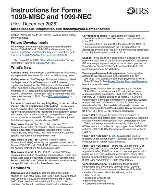 IRS Instructions for Forms 1099-MISC and 1099-NEC showing the reporting threshold increased to $2,000 for tax years after 2025
