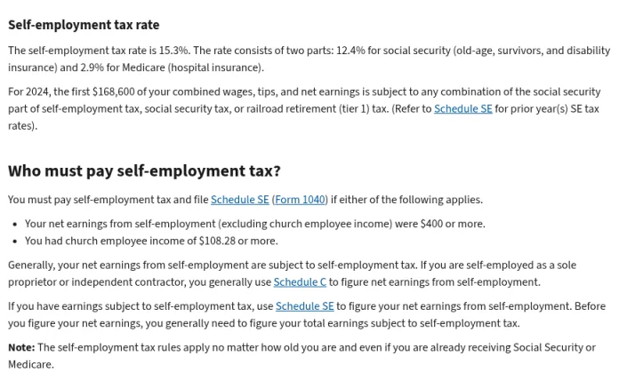 IRS self-employment tax page showing the 15.3% rate and the $400 net earnings rule for filing Schedule SE