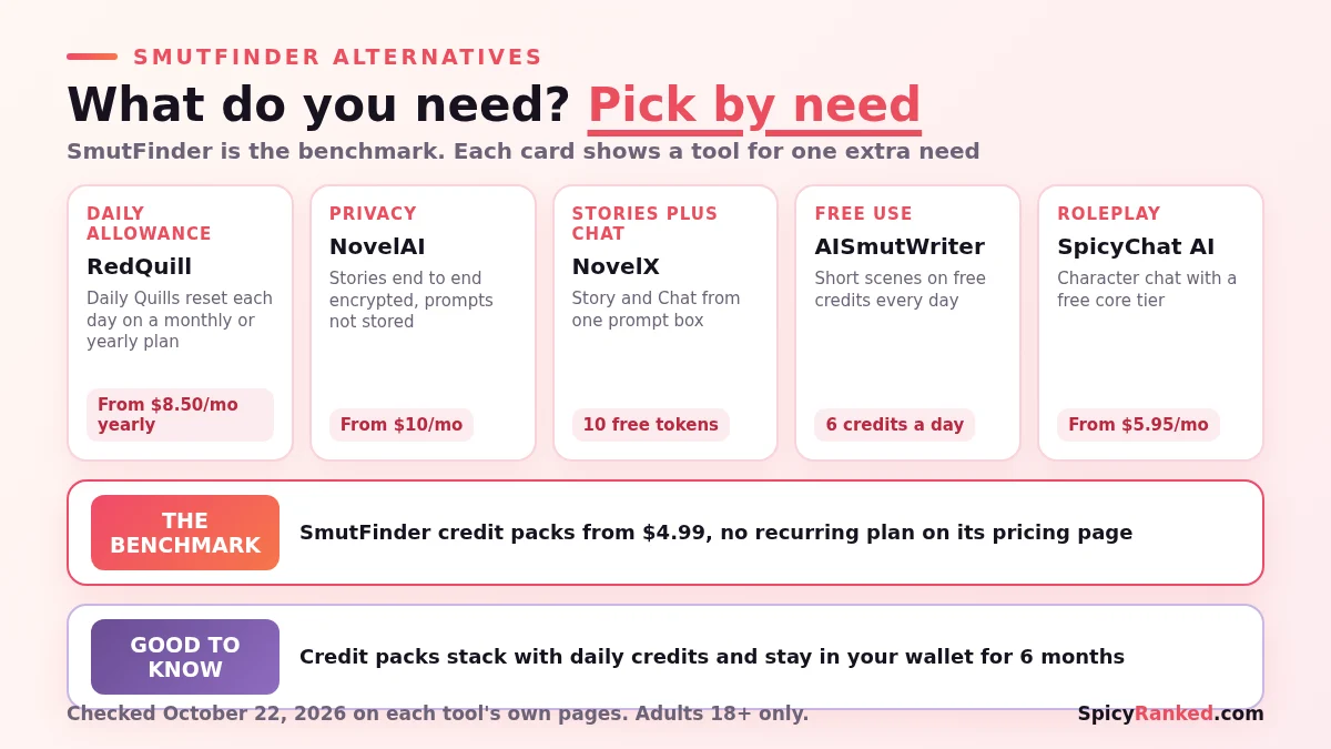 SmutFinder alternatives picked by what you need, matching daily allowance, privacy, stories plus chat, free use and roleplay to RedQuill, NovelAI, NovelX, AISmutWriter and SpicyChat AI