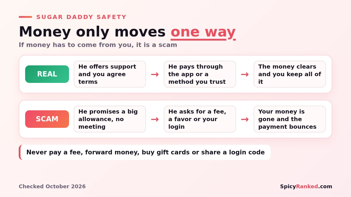 In a real arrangement money only moves to you. If you are asked to pay a fee, send part of a payment back, buy gift cards or share a login, it is a sugar daddy scam