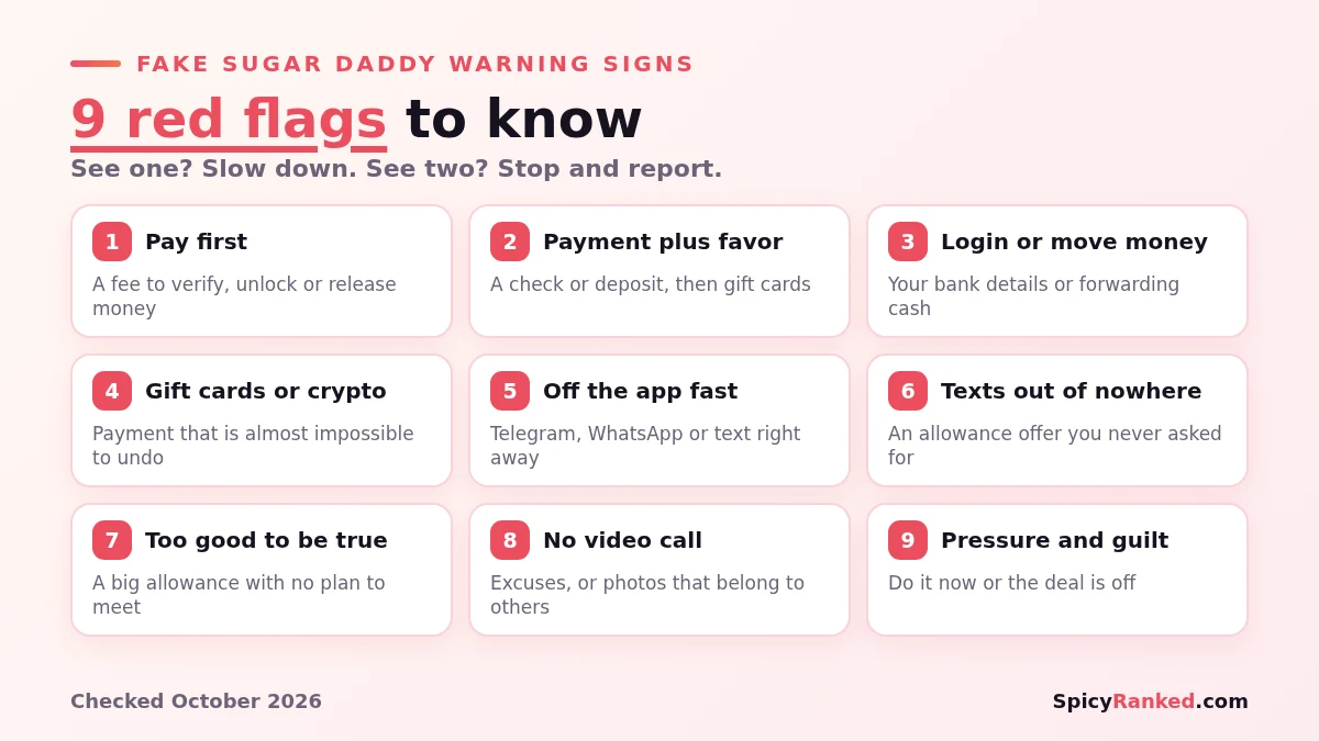 Nine red flags of a fake sugar daddy, from pay first fees and fake checks to no video calls and pressure to act fast