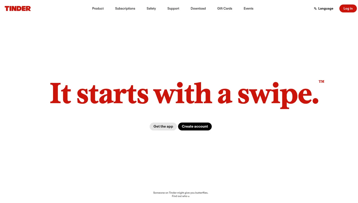Tinder homepage in 2026