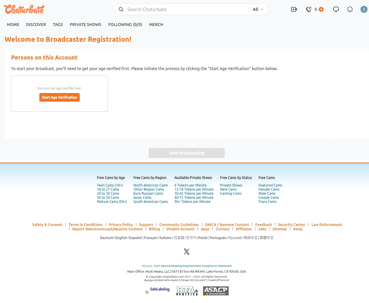 Chaturbate broadcaster onboarding screen requiring age verification before Start Broadcasting