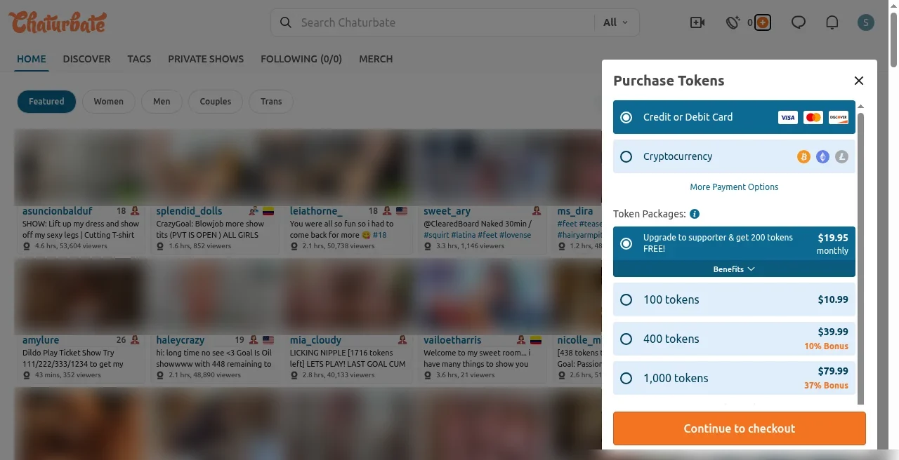 Chaturbate buy tokens page showing card pack pricing options