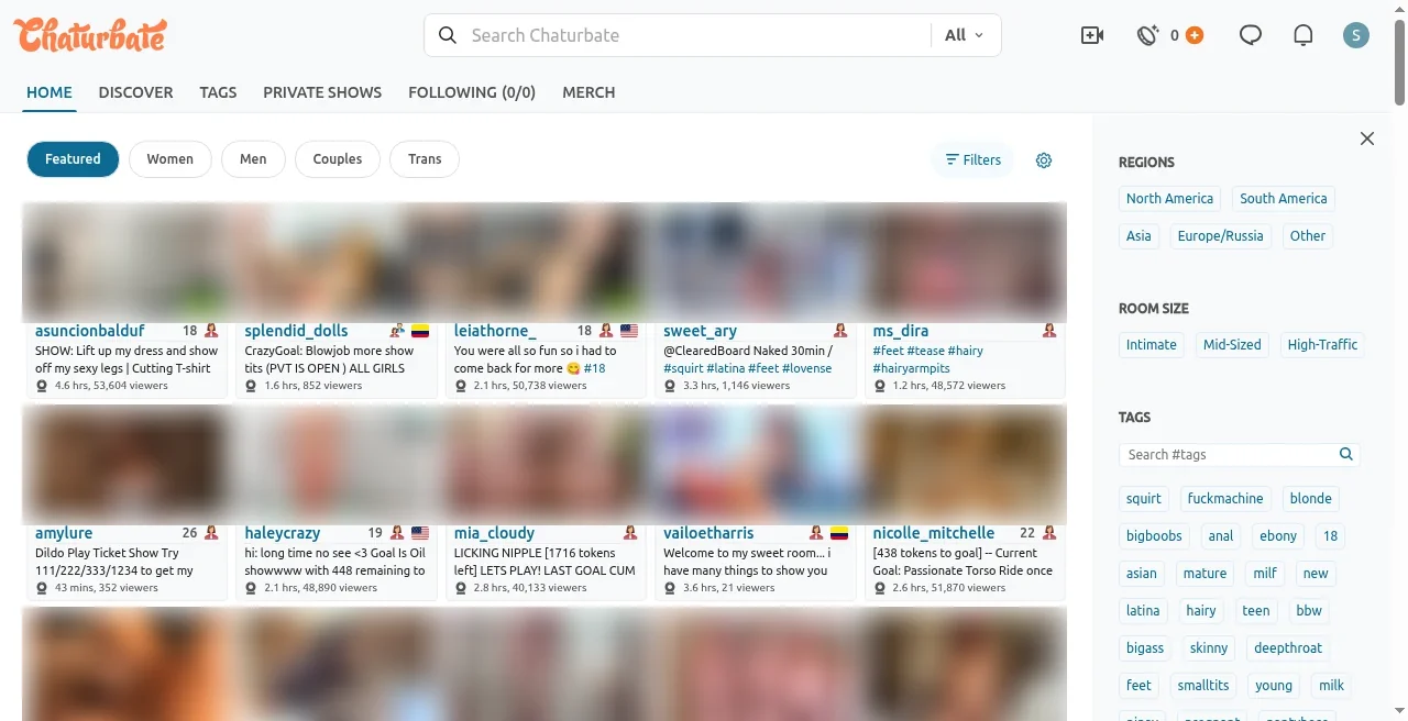 Chaturbate homepage live cam directory with Women Men Couples Trans category tabs
