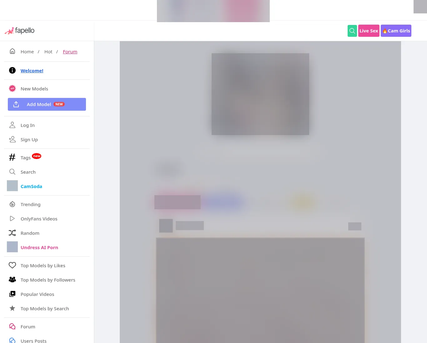 Fapello homepage on desktop with the content feed and top ad banner heavily blurred; left menu shows Add Model, CamSoda, OnlyFans Videos and Undress AI Porn links