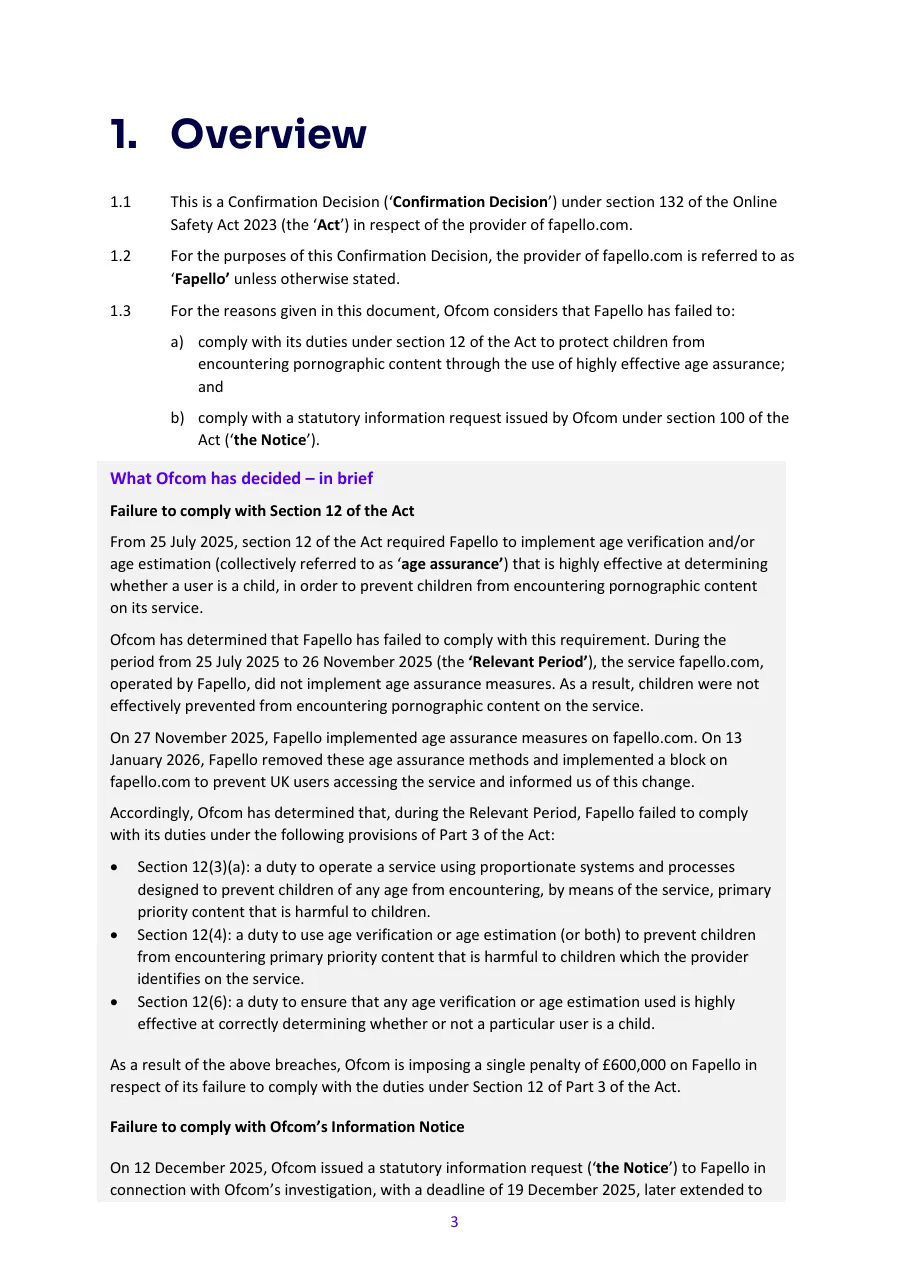 Overview page of Ofcom's Confirmation Decision on fapello.com summarising the section 12 failure between 25 July and 26 November 2025 and the £600,000 penalty