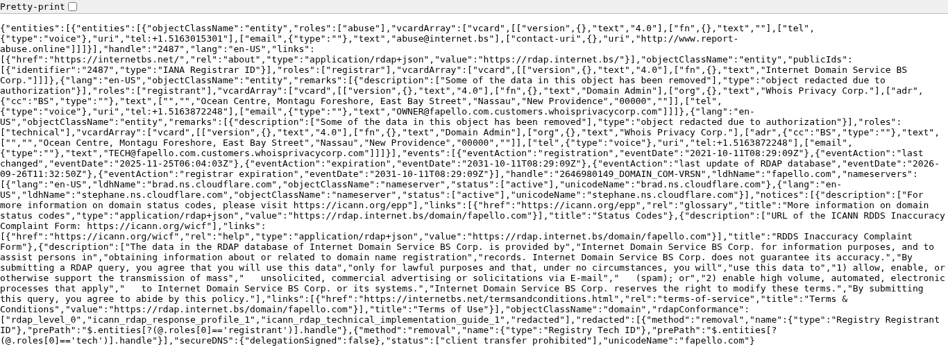 Registrar RDAP record for fapello.com showing Whois Privacy Corp, registration date 11 October 2021 and Cloudflare nameservers