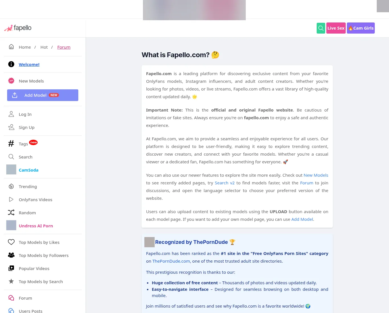 Fapello's What is Fapello.com page claiming to be the official and original Fapello website and describing content from OnlyFans models and Instagram influencers