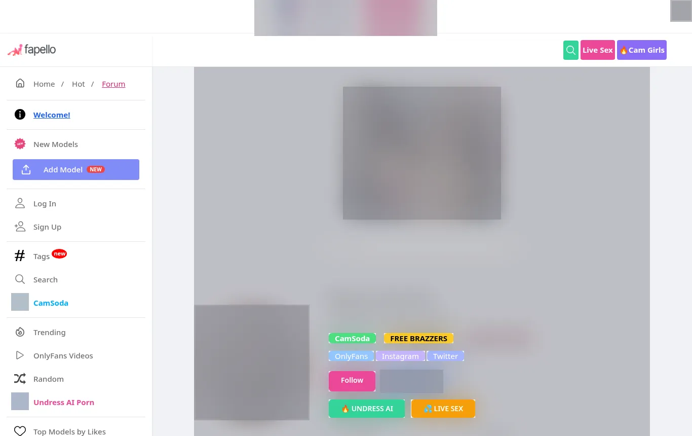 Structure of a Fapello profile page with name, avatar and media fully blurred; readable buttons show CamSoda, FREE BRAZZERS, OnlyFans, Instagram, Twitter, Follow, UNDRESS AI and LIVE SEX