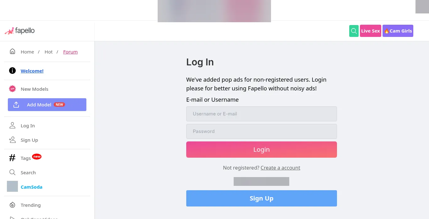 Fapello login page stating We've added pop ads for non-registered users