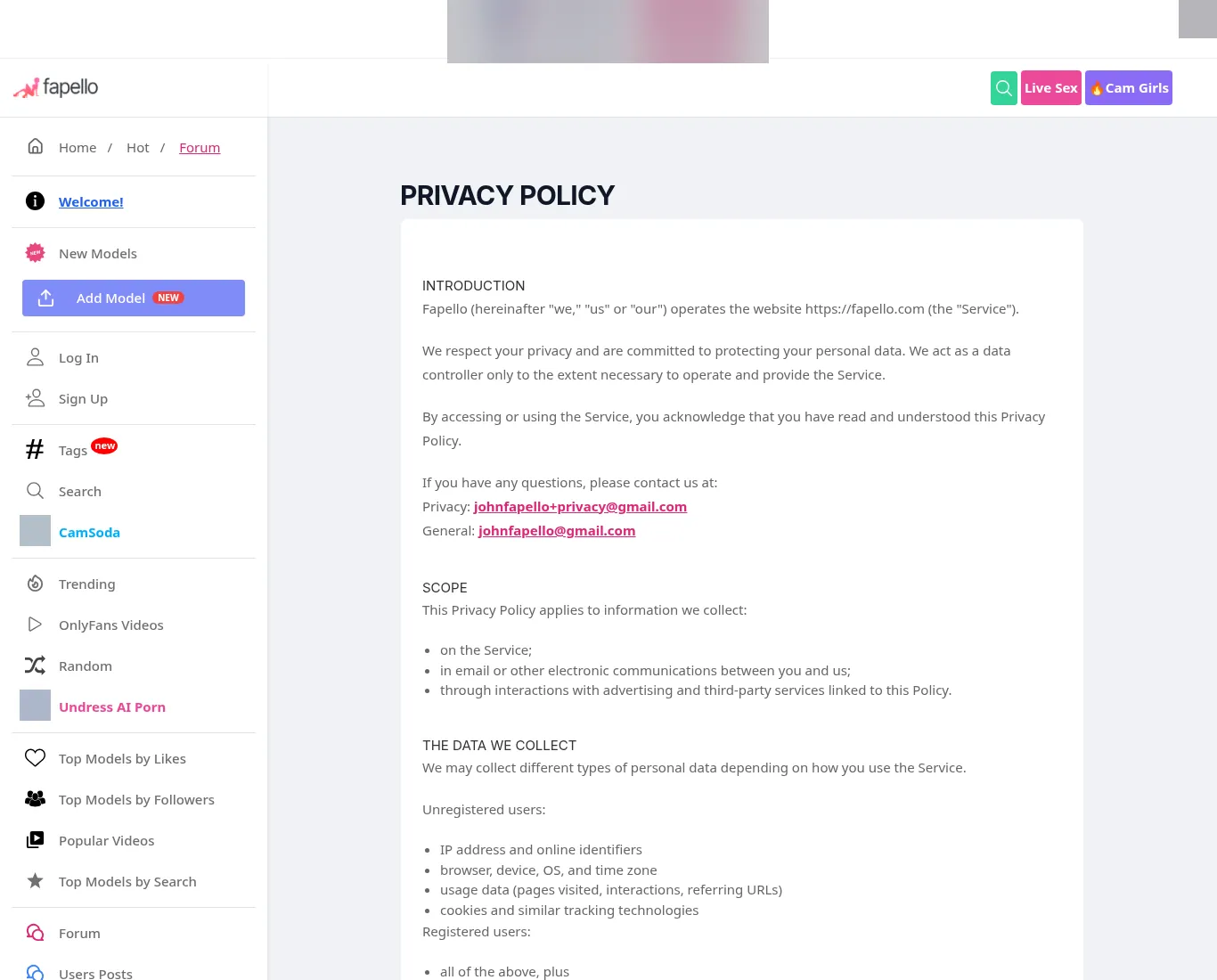 Fapello privacy policy introduction listing Gmail contact addresses and data collected from unregistered users