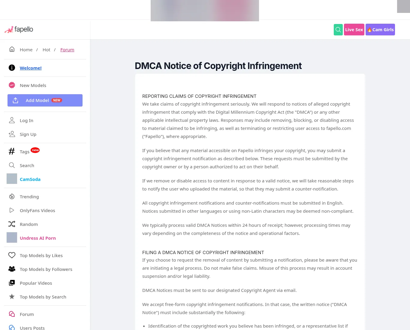 Fapello DMCA Notice of Copyright Infringement page with 24-hour processing claim and English-only requirement