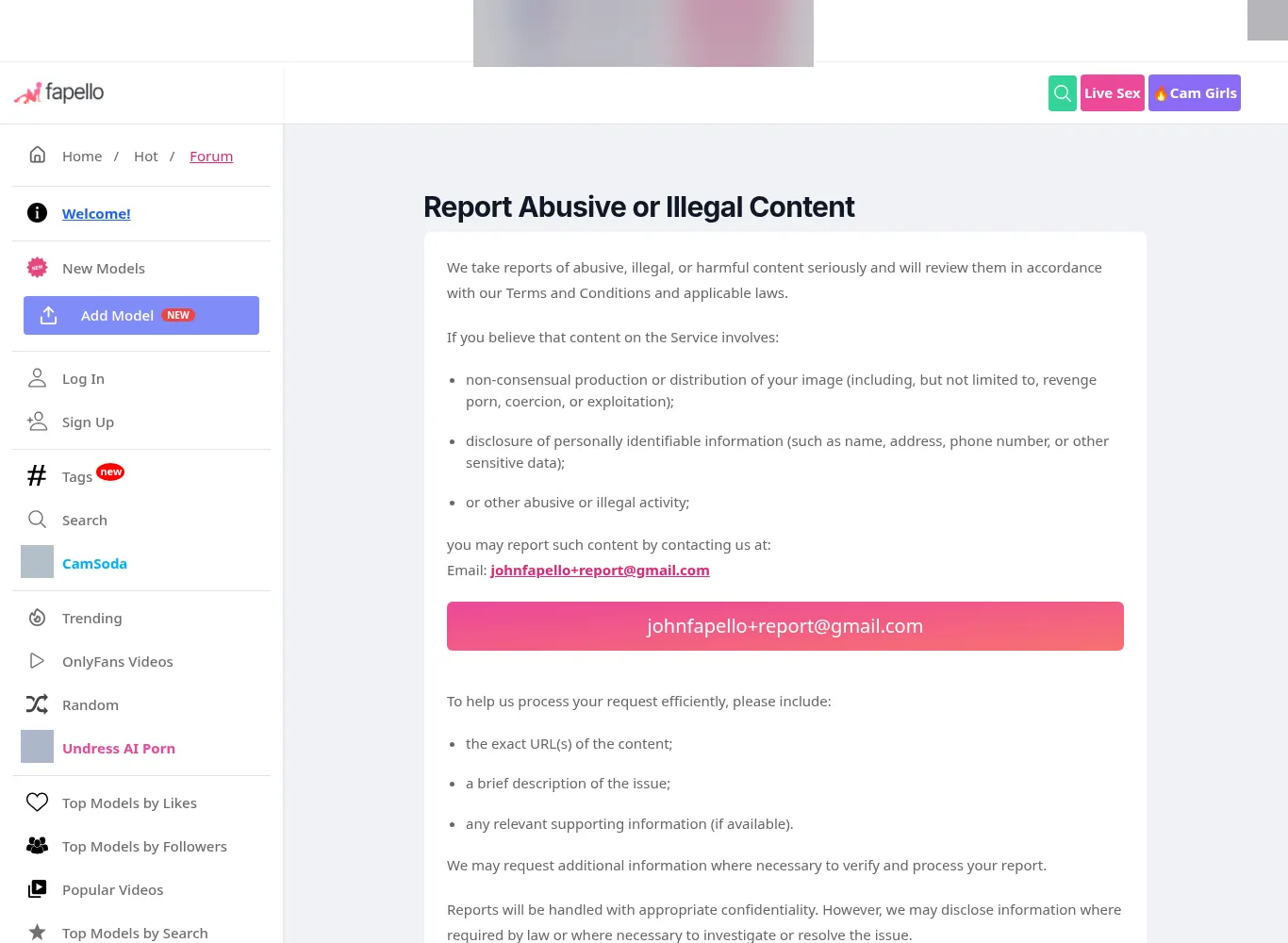 Fapello Report Abusive or Illegal Content page listing non-consensual imagery and personal information as reportable, with a Gmail report address