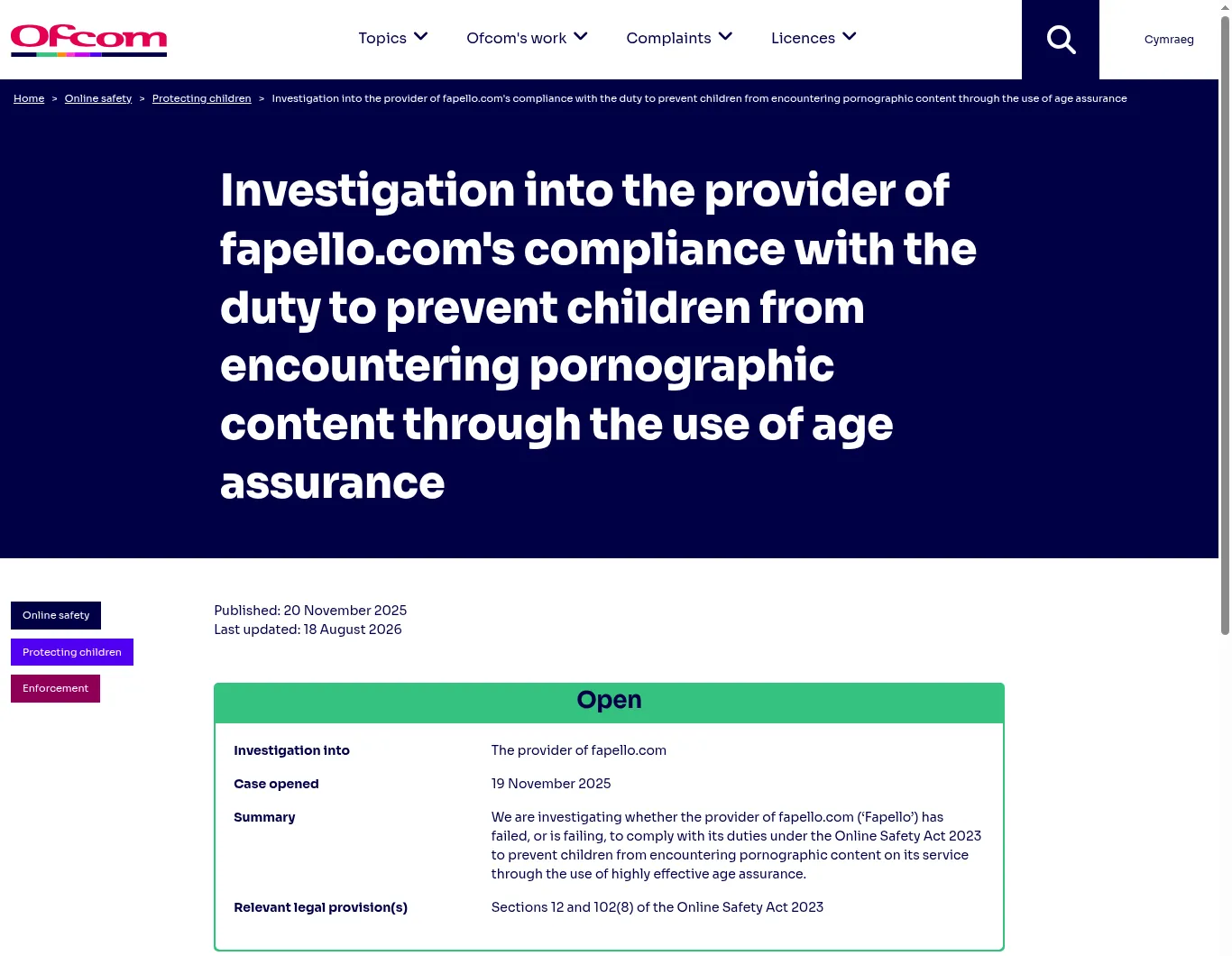 Ofcom enforcement case page for the provider of fapello.com showing case opened 19 November 2025, status Open and sections 12 and 102(8) of the Online Safety Act 2023
