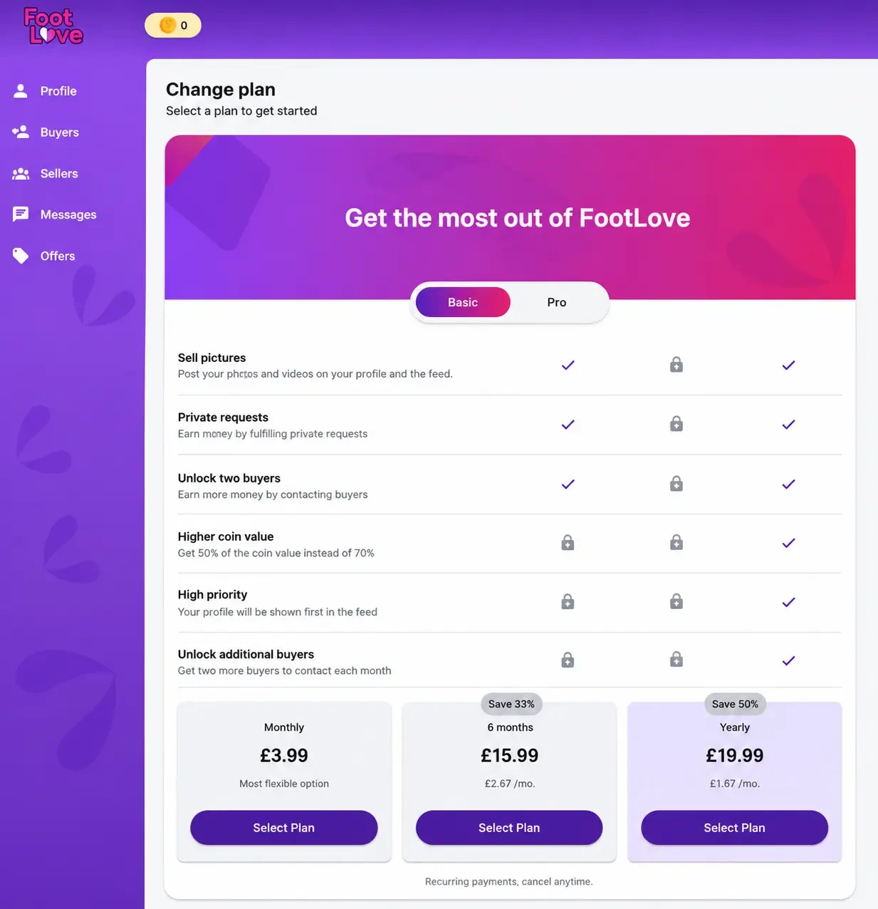 FootLove Change plan screen: Basic plan features and the £3.99 monthly, £15.99 six-month and £19.99 yearly options