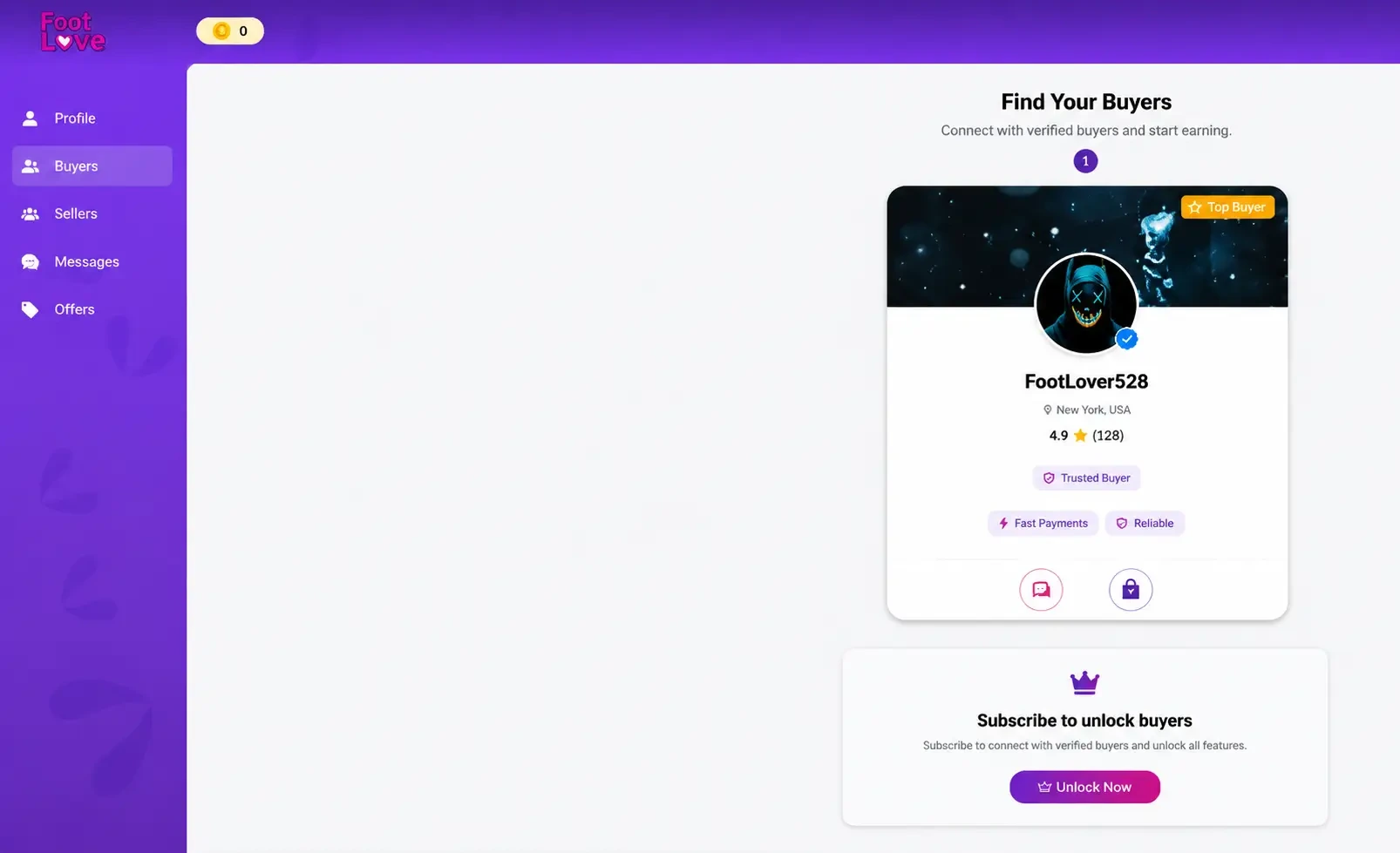 FootLove buyer page: Find Your Buyers with a locked buyer card and a Subscribe to unlock buyers prompt
