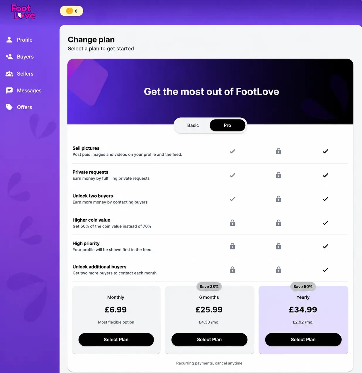 FootLove Change plan screen on the Pro tab: higher coin value, high priority and extra buyer unlocks with £6.99 monthly, £25.99 six-month and £34.99 yearly options