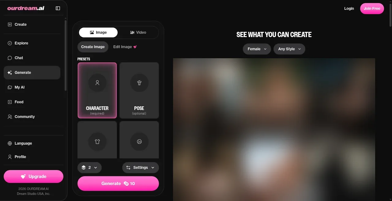 OurDream AI Generate studio showing Image and Video tabs, presets, settings, and DreamCoin Generate button; explicit examples blurred