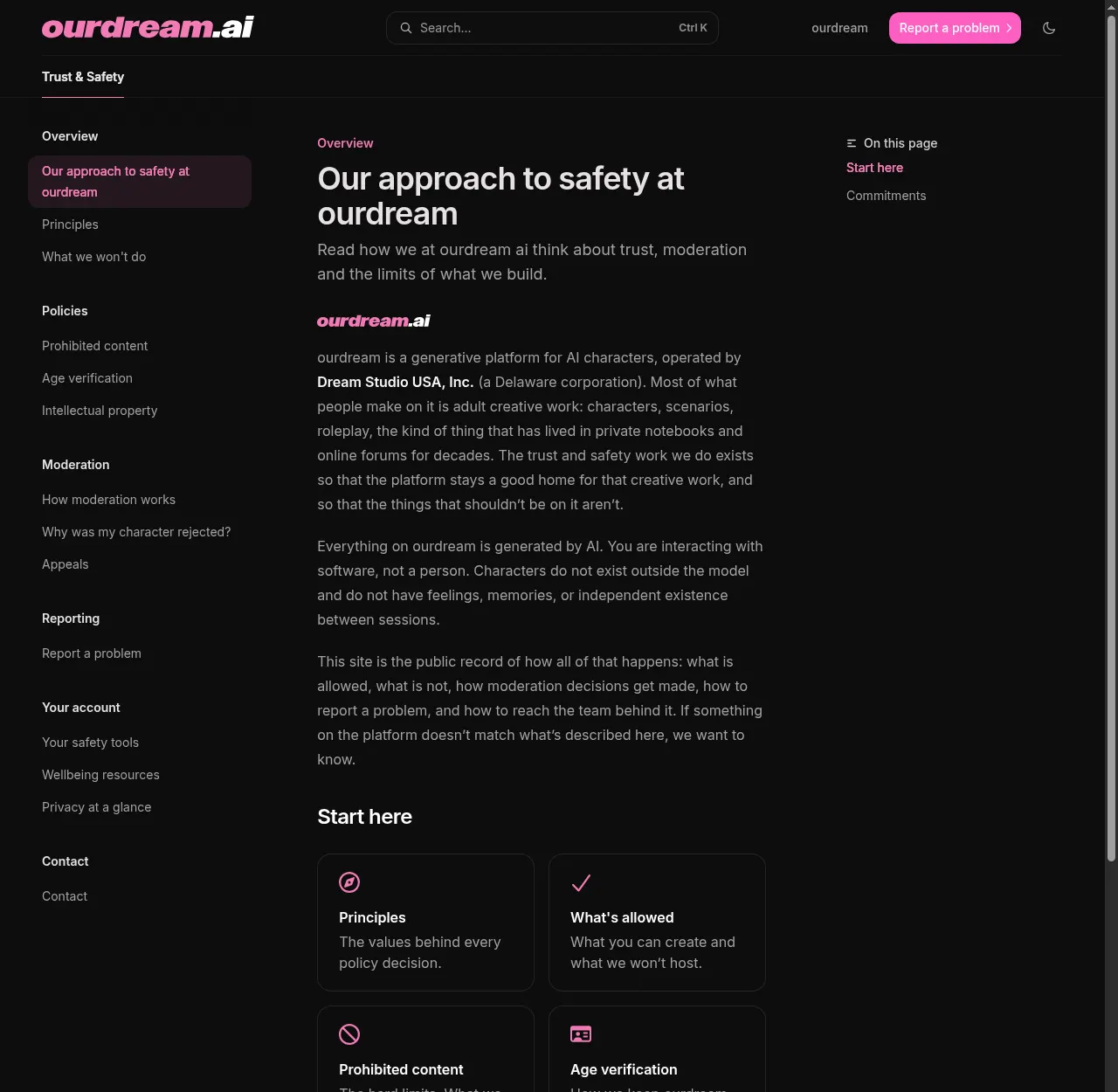 OurDream Safety Center overview naming the operator and explaining safety commitments