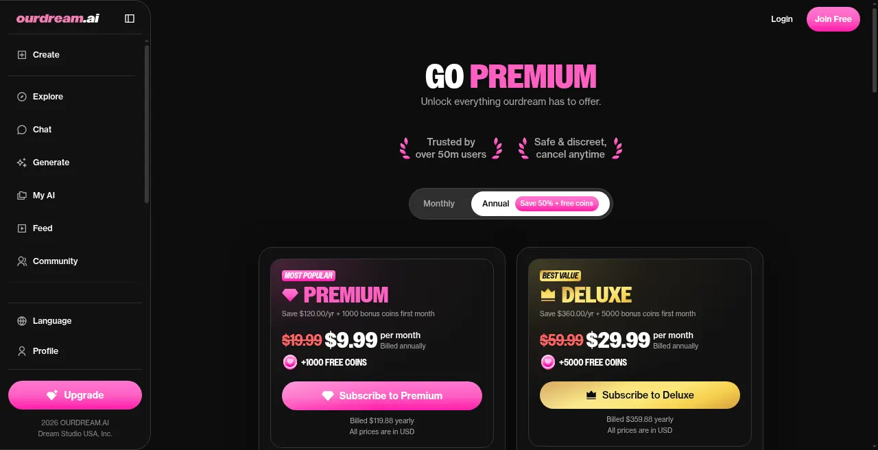 OurDream AI in-app Upgrade screen showing Premium and Deluxe pricing options
