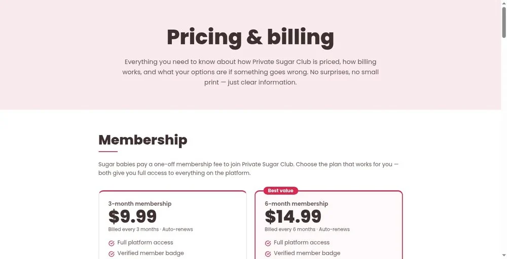 Private Sugar Club membership pricing showing $9.99 for 3 months and $14.99 for 6 months. Captured September 2026.