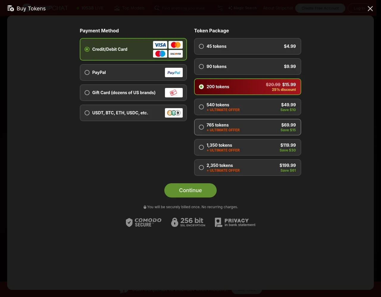 Stripchat Buy Tokens screen showing live card pack pricing and payment methods