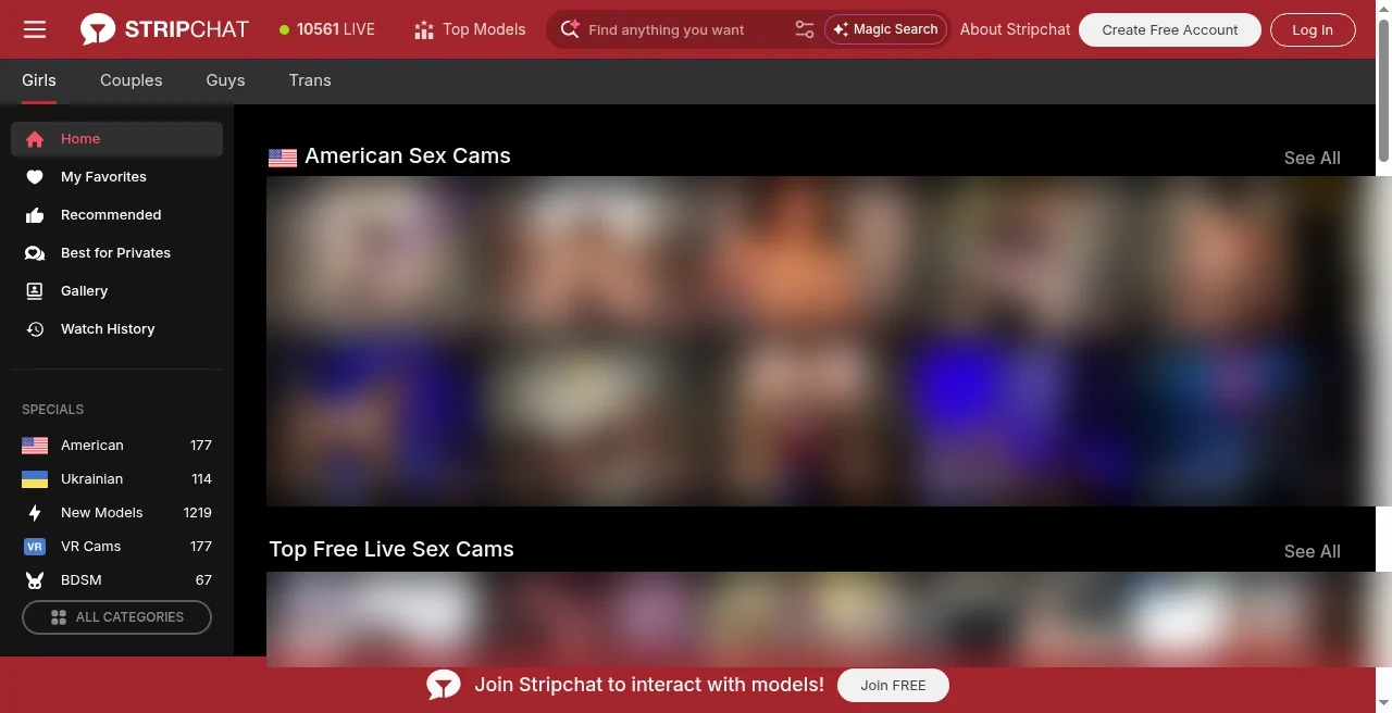 Stripchat homepage model grid with category sidebar
