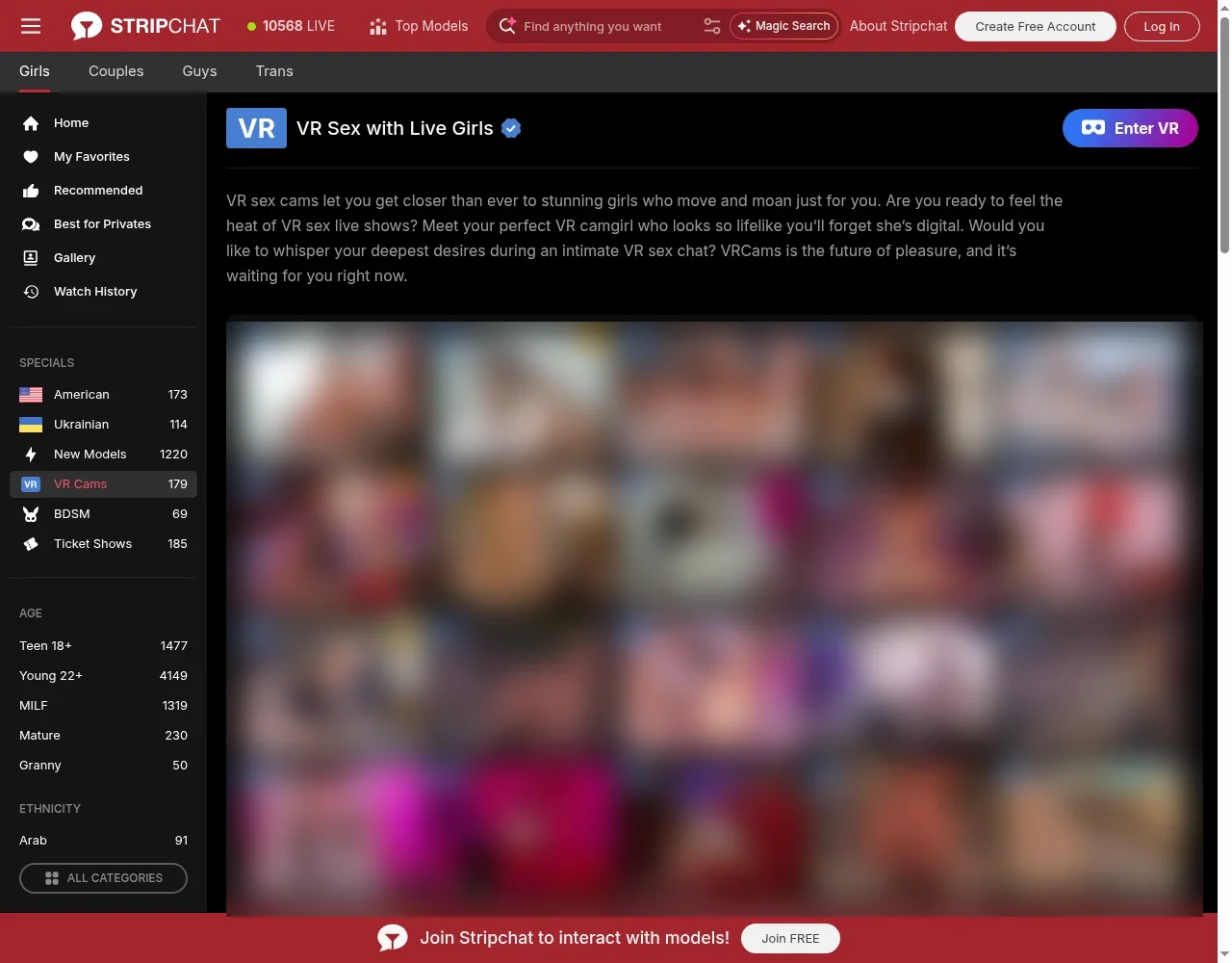 Stripchat VR Cams section with Enter VR button